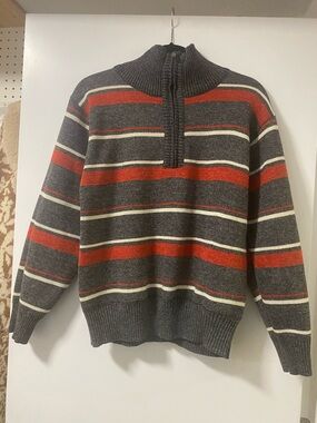 Women's Gray and Red Striped Half-Zip Sweater